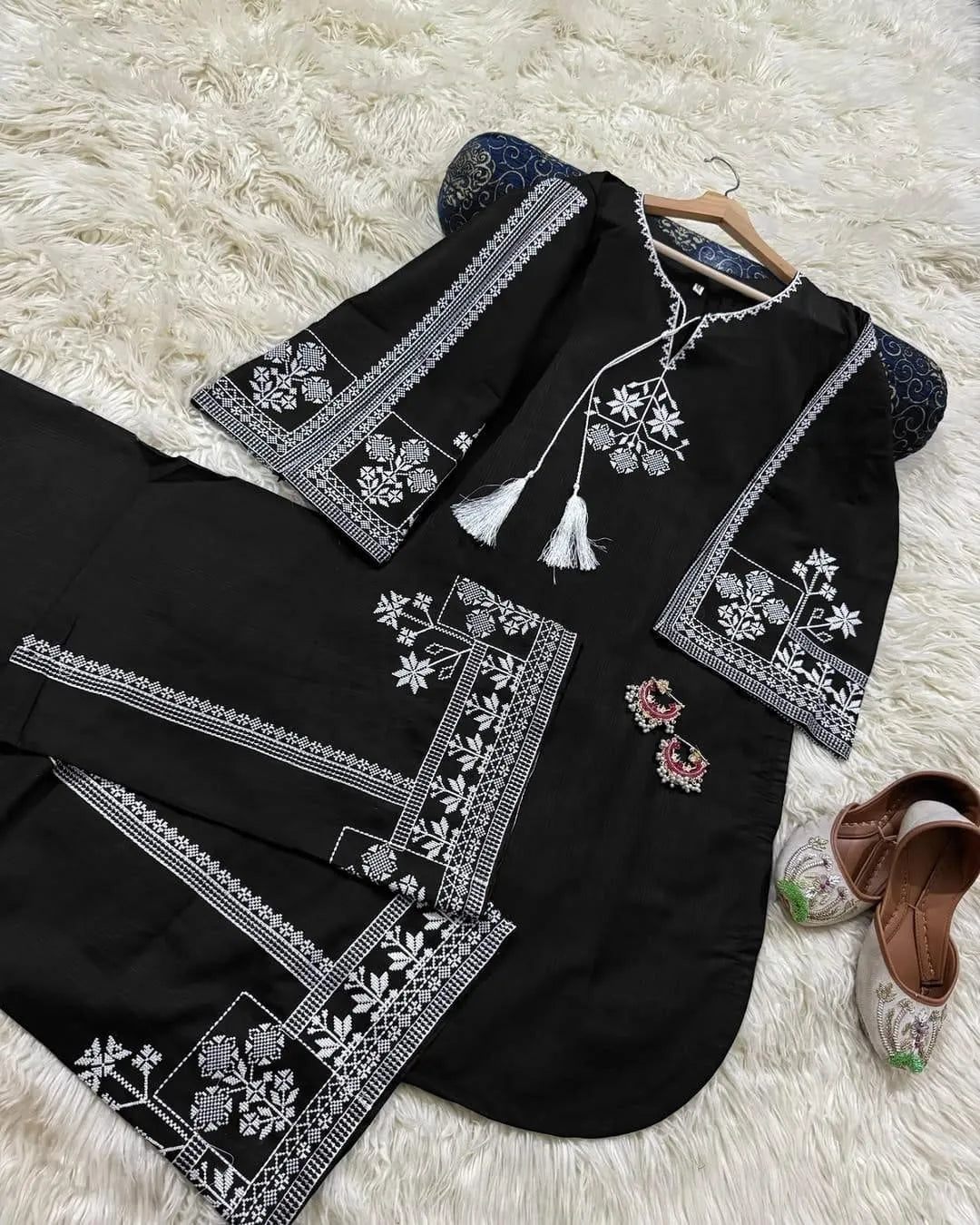 2 Pcs Women's Stitched Cotton Embroidered Shirt And Trouser