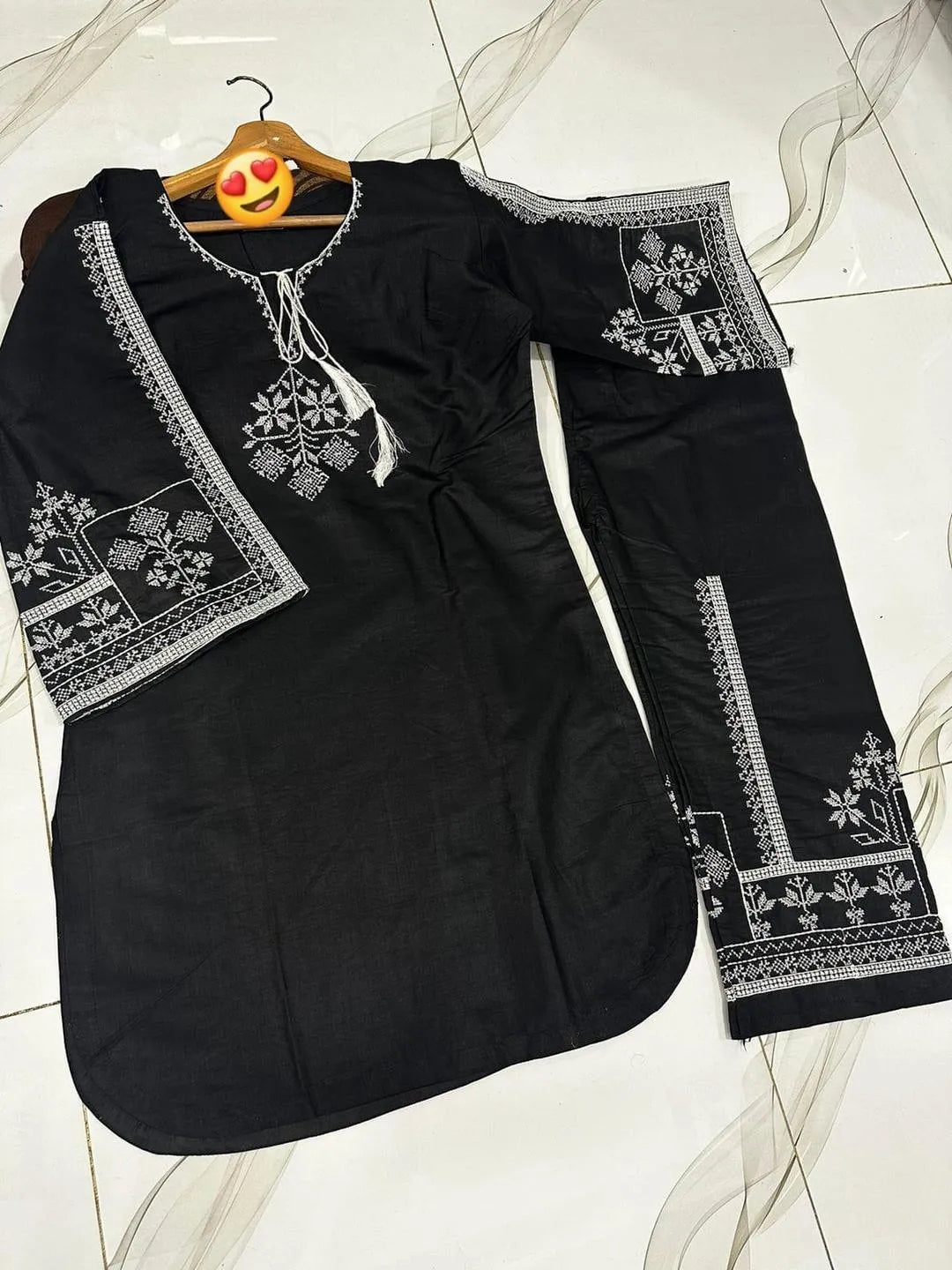2 Pcs Women's Stitched Cotton Embroidered Shirt And Trouser