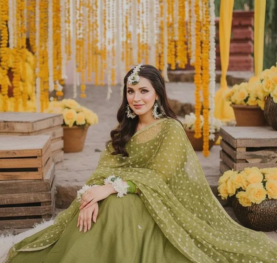 Elegant Women's Stitched Maxi Suit - 3 Pcs Green Silk Embroidered Ensemble